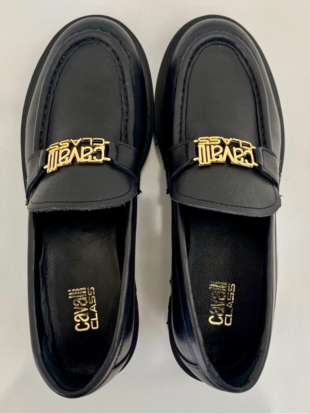 Like New - Cavalli Class Black Leather Loafers with Gold Logo Accent